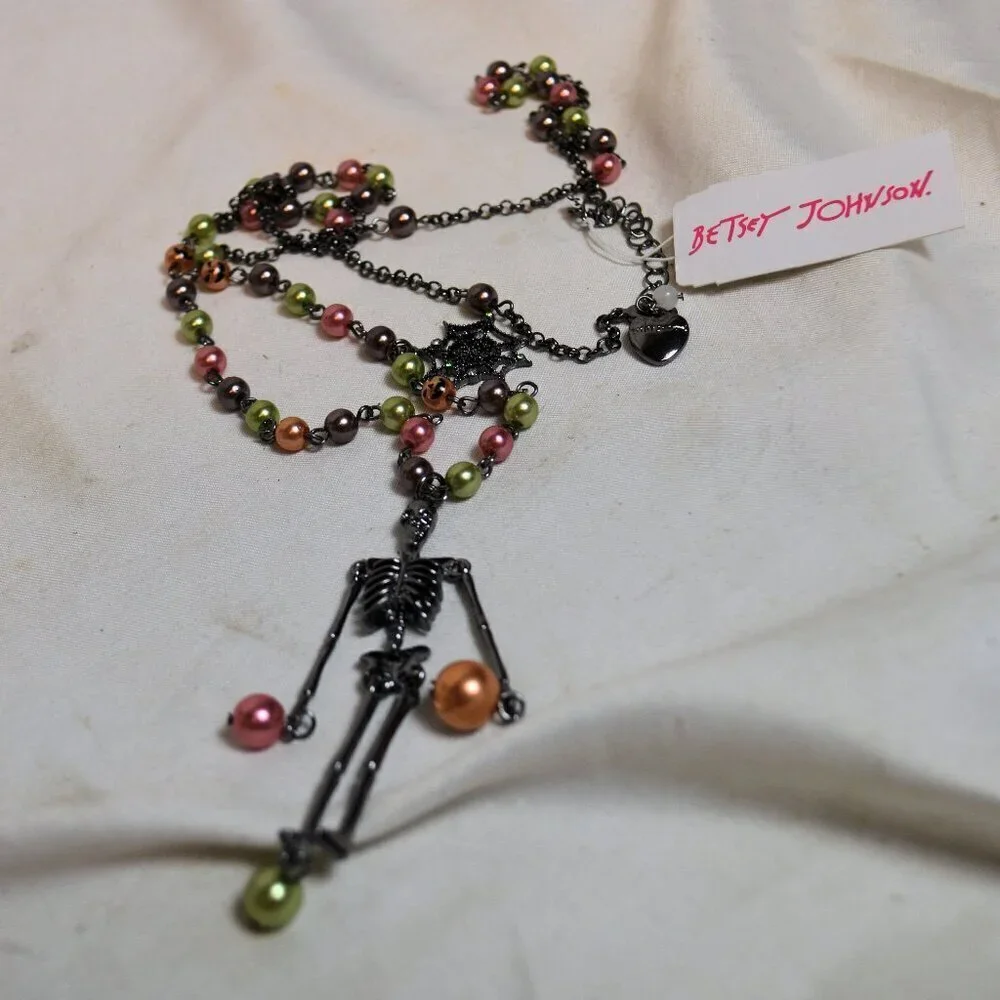 Betsey Johnson Skeleton Spider Web Long Necklace Pendant - NWT